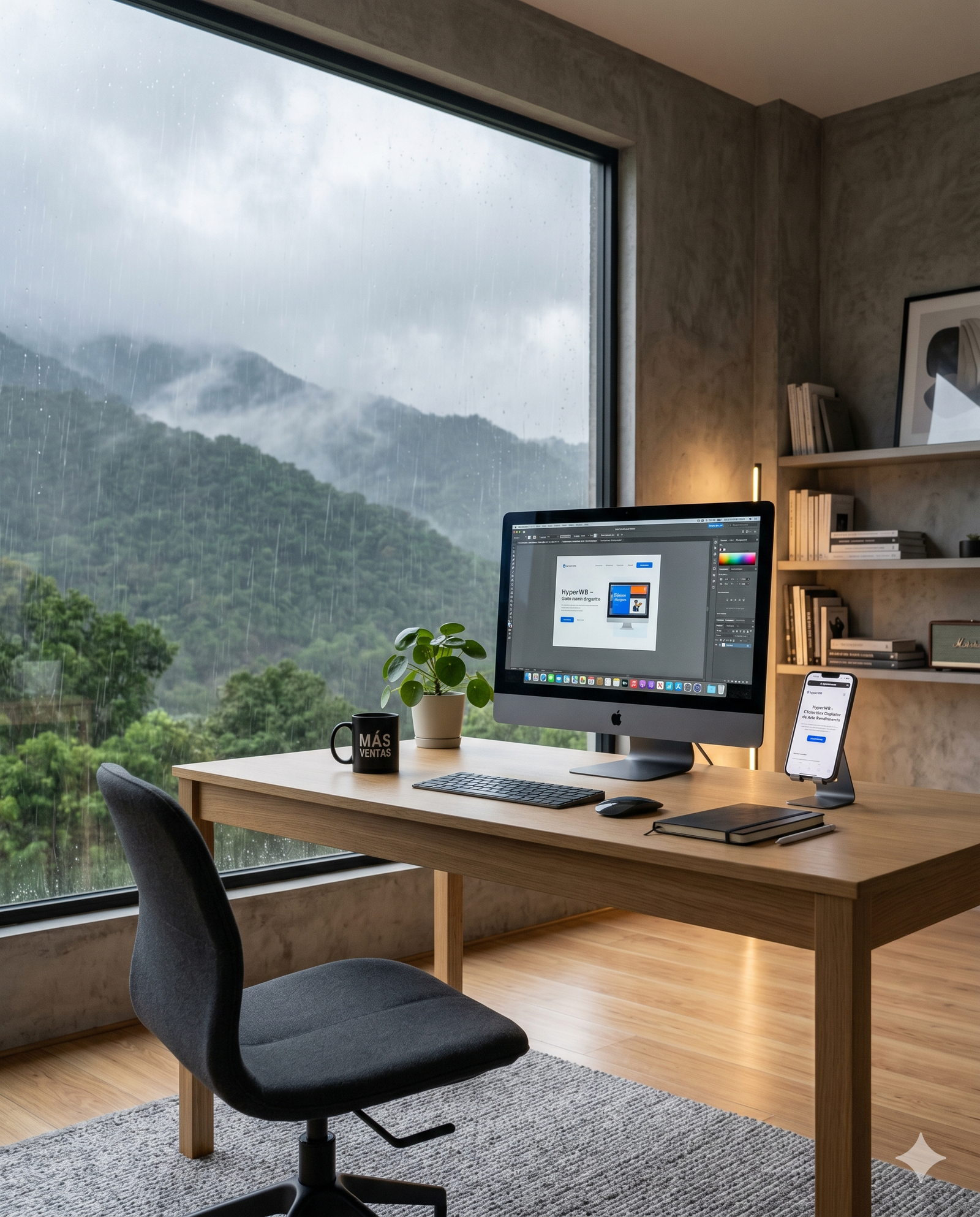 Espacio de trabajo moderno con computadora mostrando el sitio de HyperWB
